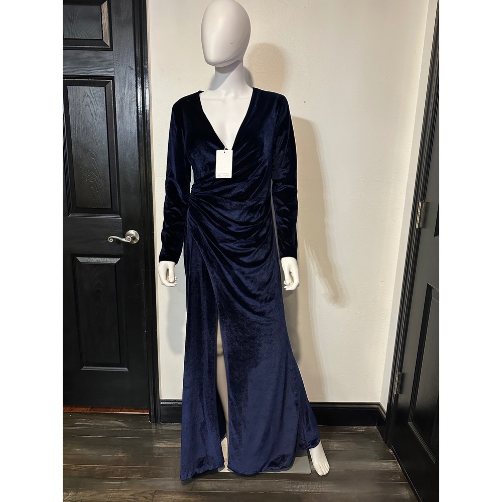 Navy Blue Velvet Long Sleeve V-Neck Ruched Wrap Maxi Formal Gown Evening Dress